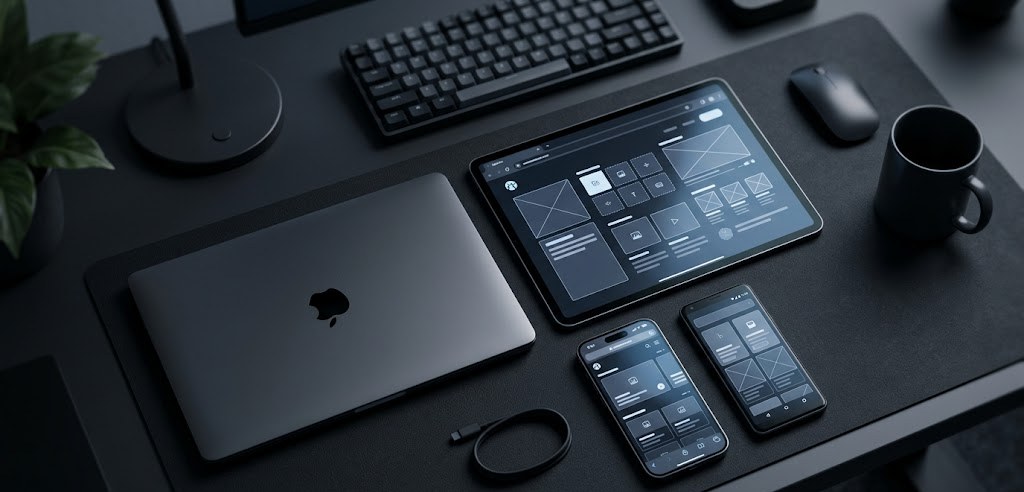 Devices showing web design wireframes on a dark desk