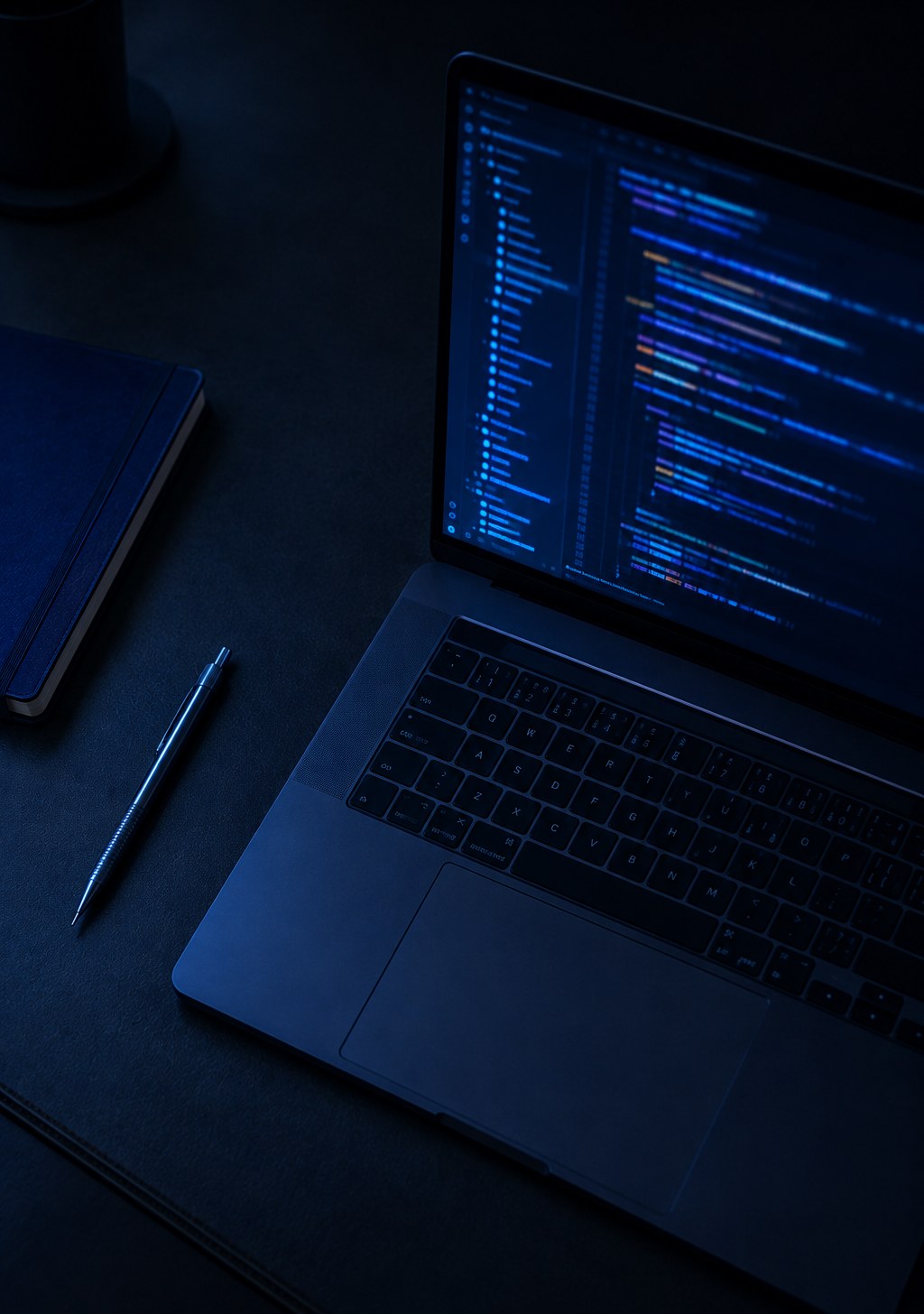 Code editor glowing on a laptop screen on a dark desk